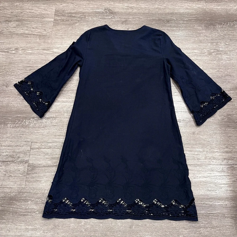 Zara Basic Shift Tunic Dress Womens XS Blue‎ Lace 3/4 Sleeve Knee Minimal Casual